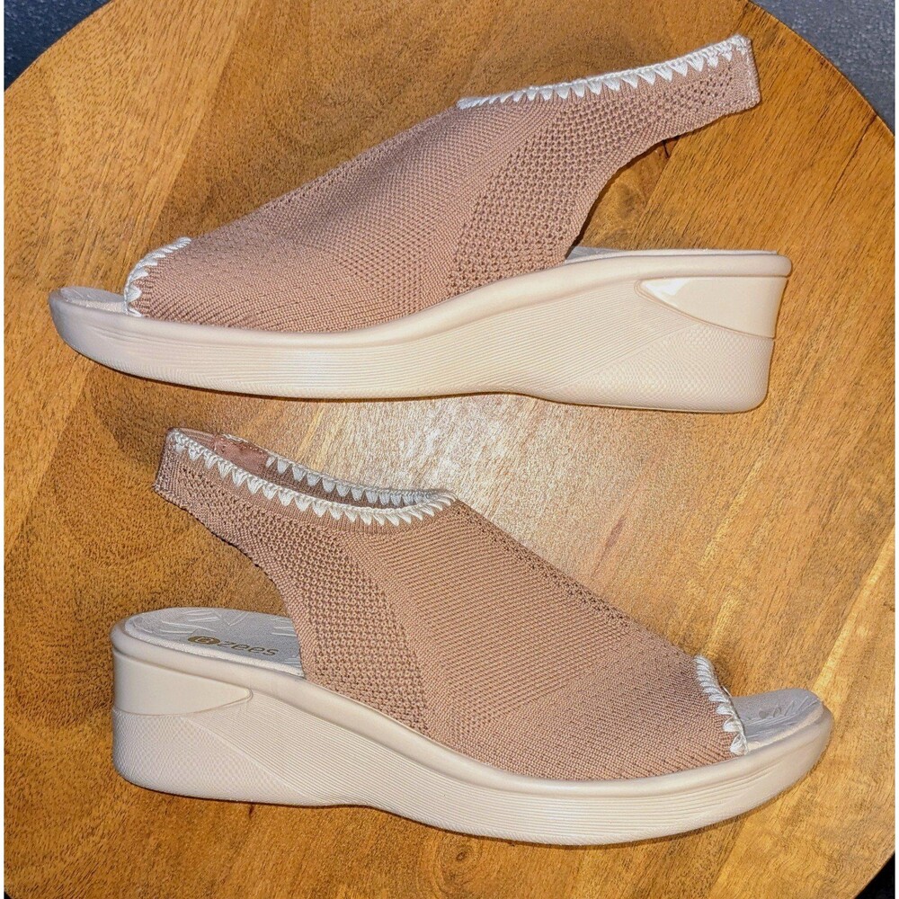 Bzees Sicily Stretch Knit Wedge Sandals Women's 8.5 W Beige Peep Toe Slingback - Picture 7 of 10